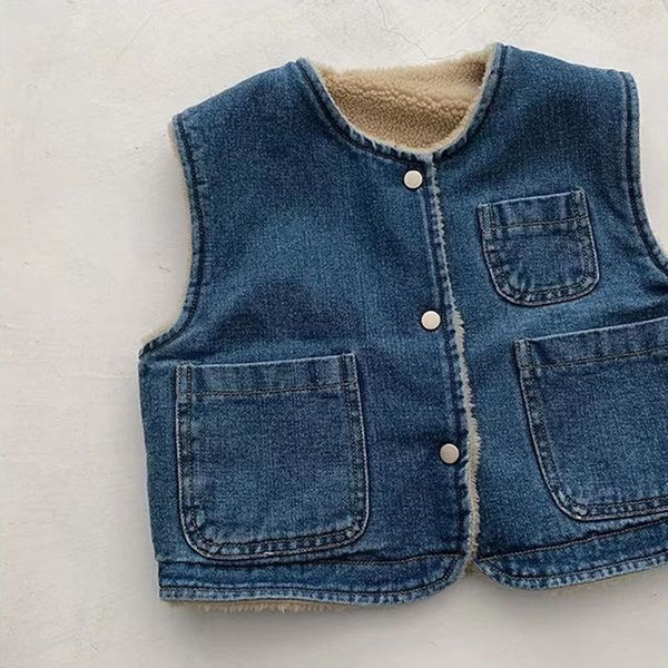 

waistcoat 4383b korean baby denim vest winter add velvet boy's denim vest solid color casual boy waistcoat 230329, Camo