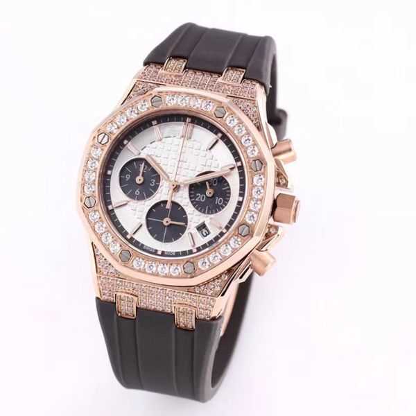 

six-pin chronograph women's watch with imported swiss quartz movement ring diamond sapphire mirror luxury sports watch brand watches, Slivery;golden