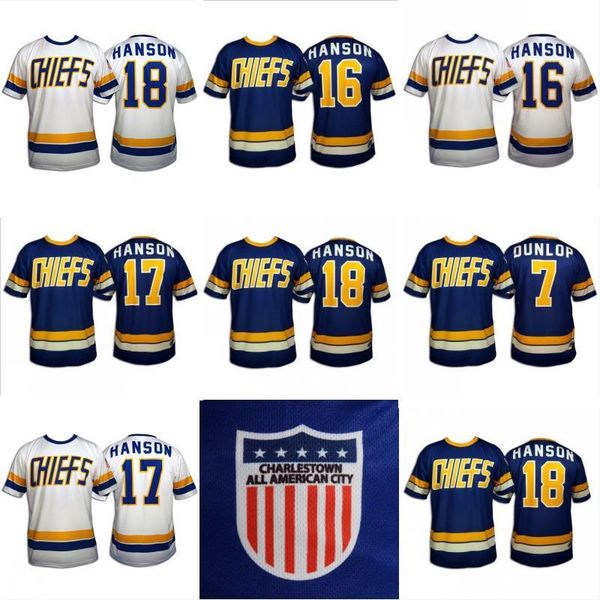 

hanson brothers charlestown hockey jersey #16 jack hanson #17 steve #18 jeff hanson 7 dunlop slapsmovie jerseys blue white, Black;red