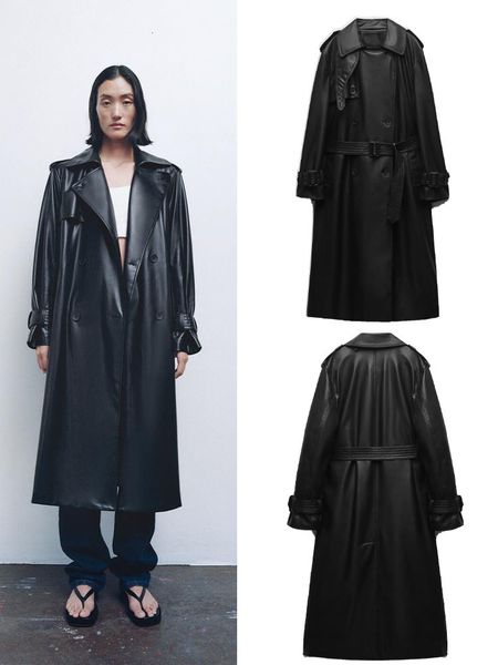 

women's trench coats 2023 spring and summer women's casual allmatch street style lapel longsleeved belt faux leather windbreaker j, Tan;black