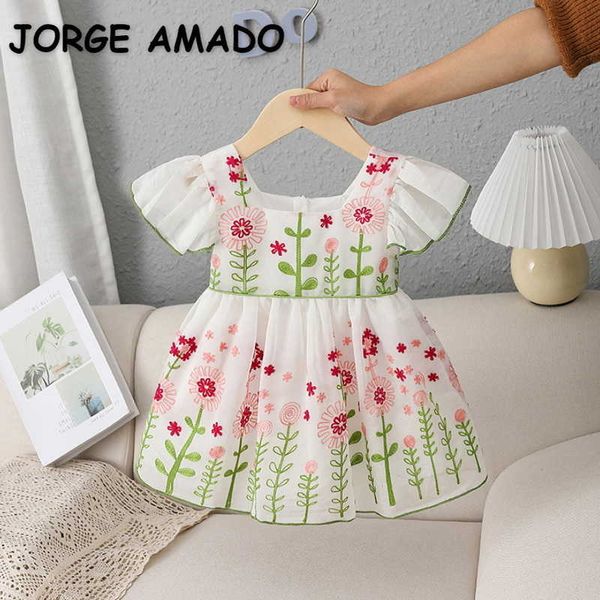

girl's dresses new summer dress for girls flare sleeves square collar white green embroidery mesh mini princess dress children dress e9, Red;yellow