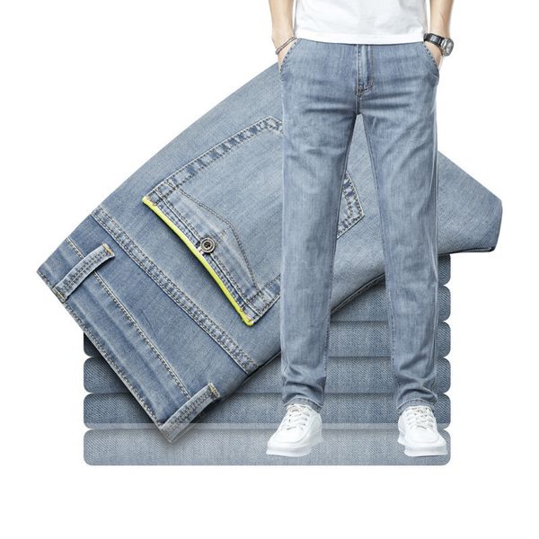 

men's jeans spring summer autumn brand fit straight cotton stretch jeans classic business casual youth slim lightweight denim jeans 230, Blue