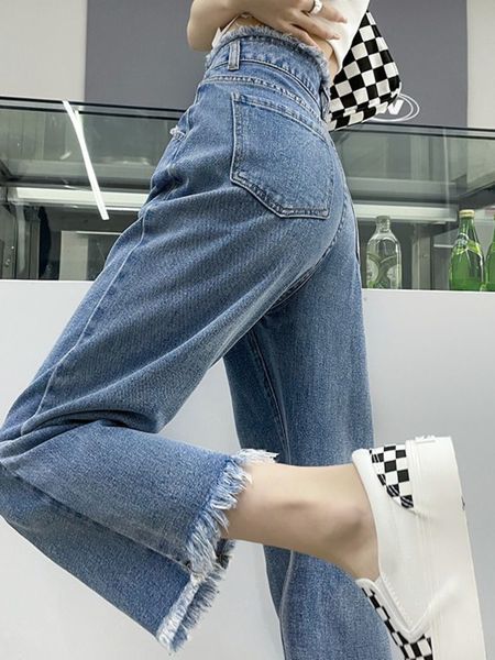 

women's jean clothing fashion tassel solid color high waist straight autumn simplicity zipper slim jeans ladies cropped pants allmatch, Blue