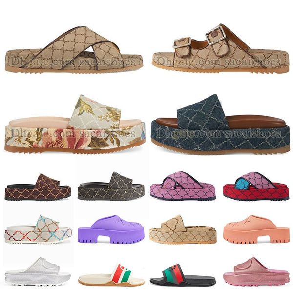 

platform sandals famous designer womens house slippers summer foam rubber slides pink flowers embroidered coach sandales fashion luxe beige, Black