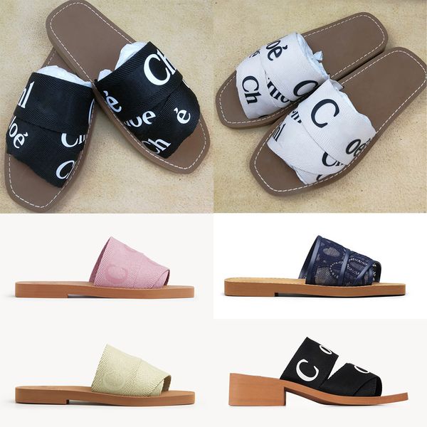 

designer woody sandals for women mules flat slides fashion ch-oe pink white black brown luxury lace lettering fabric canvas clippers womens