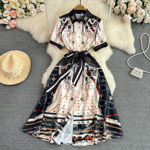 

casual dresses summer short sleeve bow tie lapel holiday floral dresses women elegant vintage chain printed pleated party midi vestidos n590, Black;gray