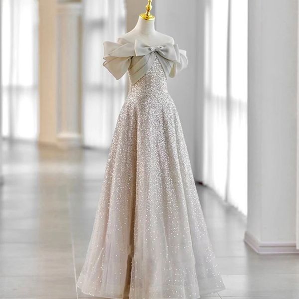 

light pink bridesmaid dresses spaghetti strap bowknot off shoulder a line strapless crystal sequined exquisite party prom gowns, White;pink
