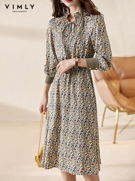 

casual dresses vimly floral dress women elegant stand collar waist slim vintage dress long sleeve midi aline office lady female vestidos v07, Black;gray