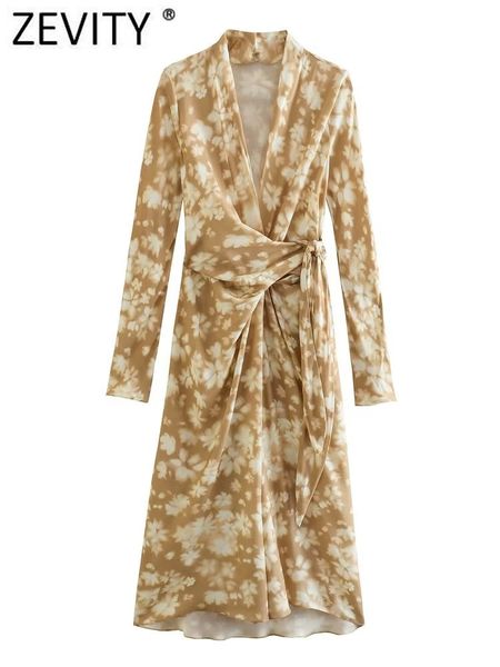 

casual dresses zevity women vintage cross v neck floral print knotted slim midi dress female chic kimono casual party vestidos ds3762 230329, Black;gray