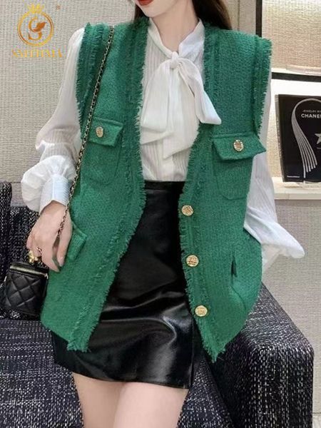 

women's vests hma spring full matching slim fit solid tank tweed jacket tank women's fashion single chest tassel coat 230329, Black;white