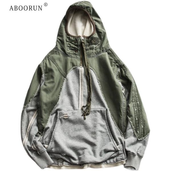 

men's trench coats aboorun jaket bertudung kain perca tentara berat pria mantel pullover longgar streetwear hi street untuk 230328, Tan;black