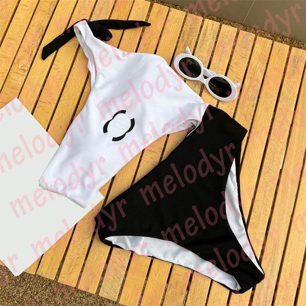 

fashion designer swimwear one shoulder bikini swimsuit letter print hollow swimming swimsuit, Black