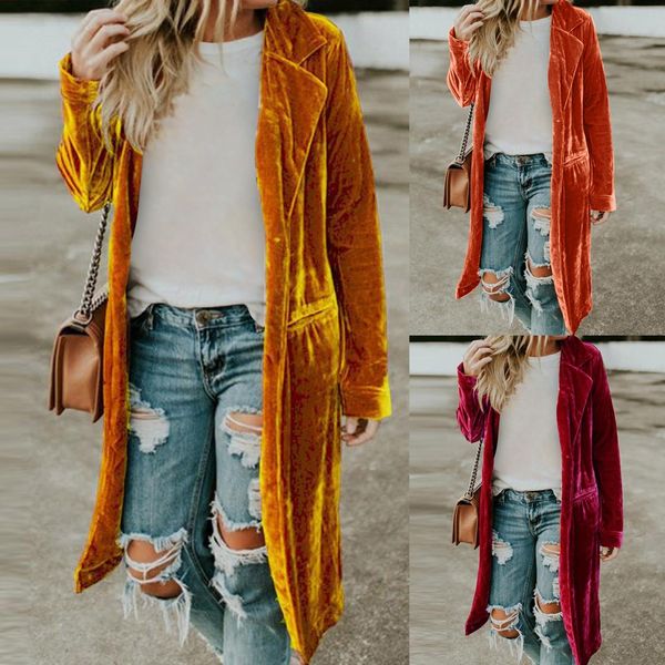 

raincoats jesienno-zimowy damski dlugi wykop cieply aksamitny otwarty niezapinany kardigan vintage damski stroj domowy codzienny dlugi, Black