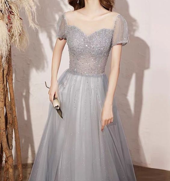 

luxurious gray bridesmaid dresses o-neck luxury beaded sequins short sleeve long shiny wedding formal party prom gowns new 2023, White;pink