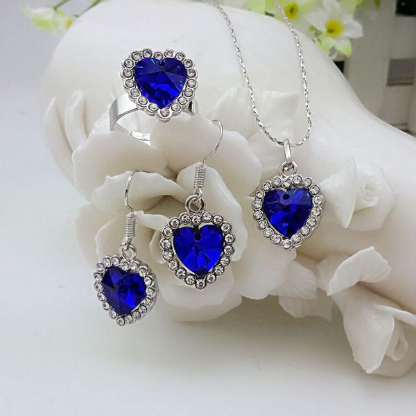 

factory price heart of the sea pendant necklace ear studs ring jewelry suit inlaid zircon rhinestone twinkle decorate adjeustable length vog, Silver