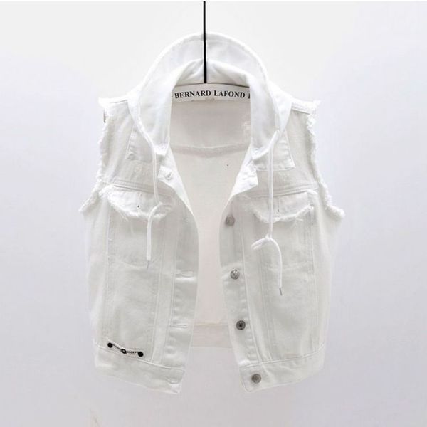

women's vests spring and autumn women's fashion hooded denim jacket waist coat white black tank women's short sleeve jeans ja, Black;white