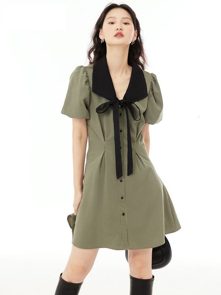 

casual dresses women's bow shirt dress summer puff short sleeve fashion elegant ladies green plaid kawaii a line dress high waist cute, Black;gray