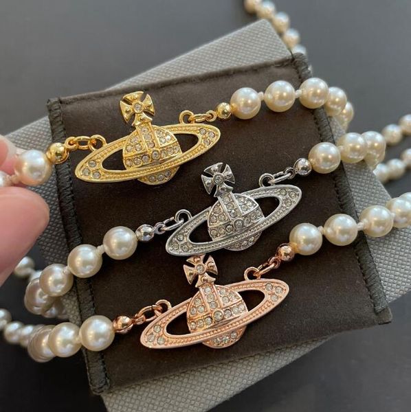 

4 colors women pearl necklace bracelet designer rhinestone orbit pendant necklace for gift party fashion jewelry accessories without box, Silver