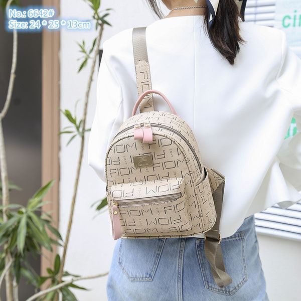 

Sales factory shoulder bag 2 colors street trend letters casual backpack compact double zipper fashion backpacks simple Joker contrast leather handbag 6642#, Brown