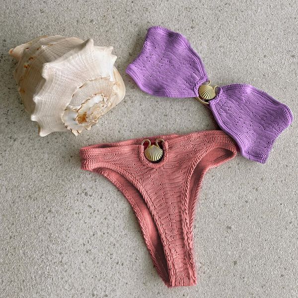 

swim wear shell bandeau bikini texture swimwear women's high cut swimwear women's swimwear solid brazilian biquinis set 230329