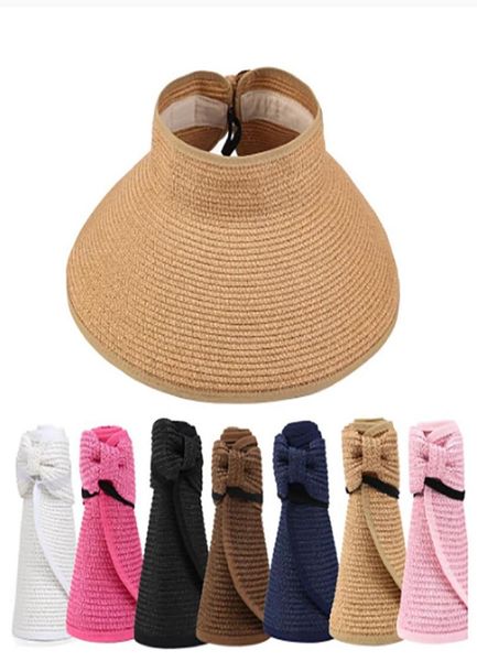 

casual foldable summer beach cap floppy wide brim bowknot straw hats women sun visors straw hat5613237, Blue;gray