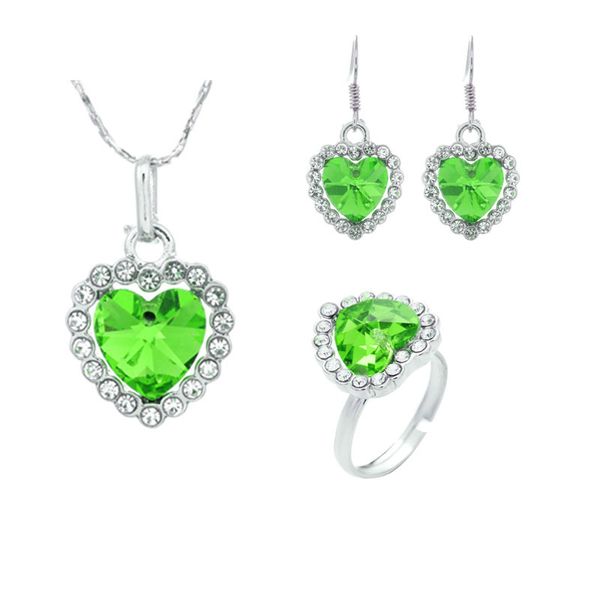 

12 sets/lot heart of the sea pendant necklace ear studs ring suit inlaid zircon rhinestone twinkle decorate adjeustable length american styl, Black