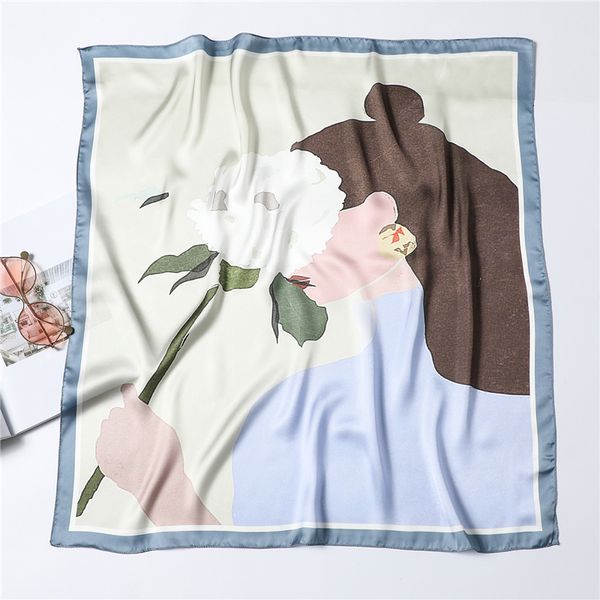 

scarves foulard female neck silk scarf hair band fashion cartoon print shawls head wraps women 70cm square bandana 230328, Blue;gray