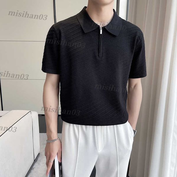 

men's polos fashion oblique stripes polo t shirts for men clothing 2023 zipper design business casual short sleeve knitted homme 3xl-m, White;black