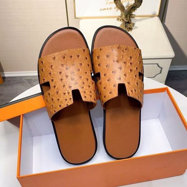 

summer men slipper sandal izmir ostrich sandals flats flip flops shoes calfskin leather rubber outdoor beach sandal leathers shoes casual de, Black