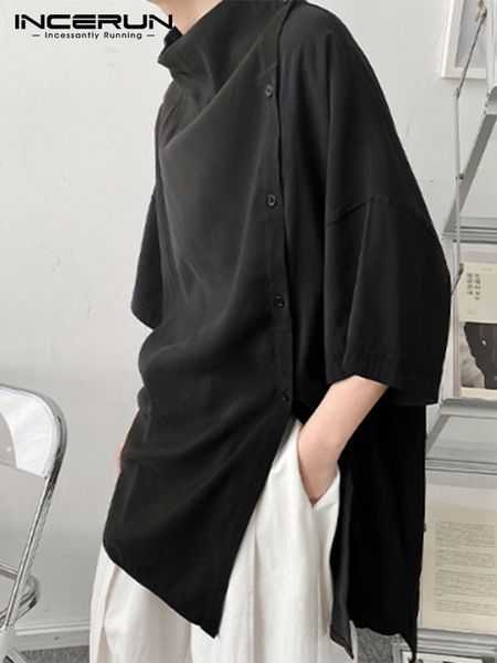 

men's casual shirts handsome well fitting solid color turtleneck half sleeve button up camisa masculina s5xl incerun 2023 230329, White;black