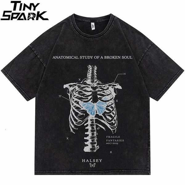 

men's tshirts hip hop washed tshirt men streetwear butterfly skeleton printed t shirt harajuku cotton casual summer short sleeve tshirt, White;black