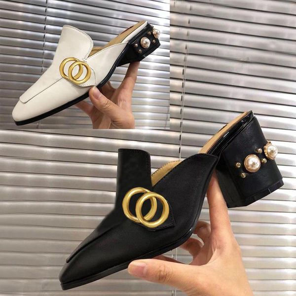 

classic designer shoes women slippers soft cowhide 100% leather thick heels metal woman shoe beach lazy baotou sandals pearl high heeled sho, Black