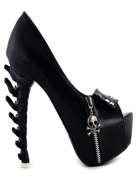 

lf80624 punk black skull head zip peeptoe platform bone heels pumps y2007028157425