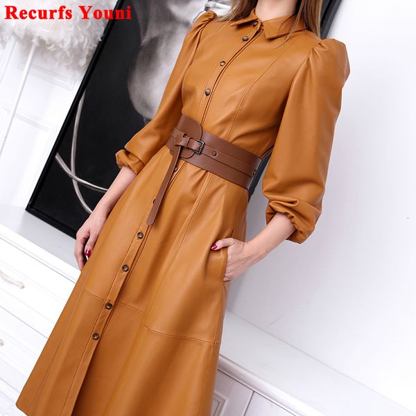 

casual dresses high-end custome genuine leather dress women winter female french puff sleeve long skirt with belt single-breasted jacket 230, Black;gray