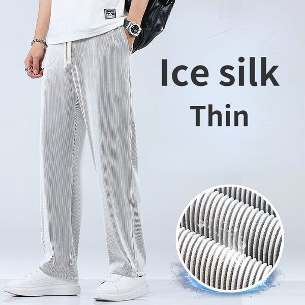 

men's pants summer straight pants men's loose thin section drape ice silk pants wide leg sports pants casual pants fits 100kg 2303, Black