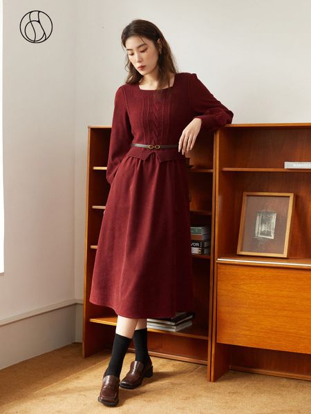 

casual dresses dushu square neck women temperament a-line skirts belt design puff sleeve dress winter knitting patchwork design women dress, Black;gray