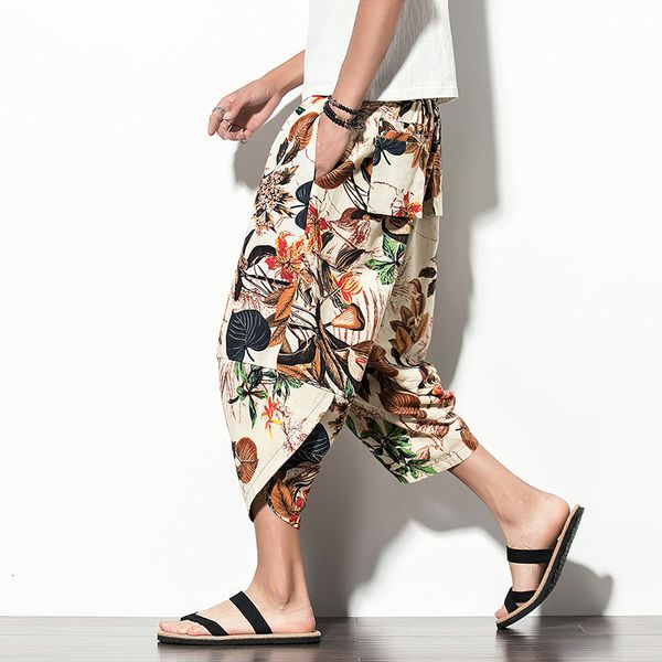 

men's pants 2023 summer harajuku calf length casual wide leg cotton linen printing harem baggy fashion clothing 230329, Black
