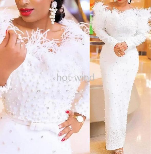 

2022 white luxury prom dresses arabic off shoulder long sleeves with feather crystal pearls formal party dress evening gowns 8257493, Black