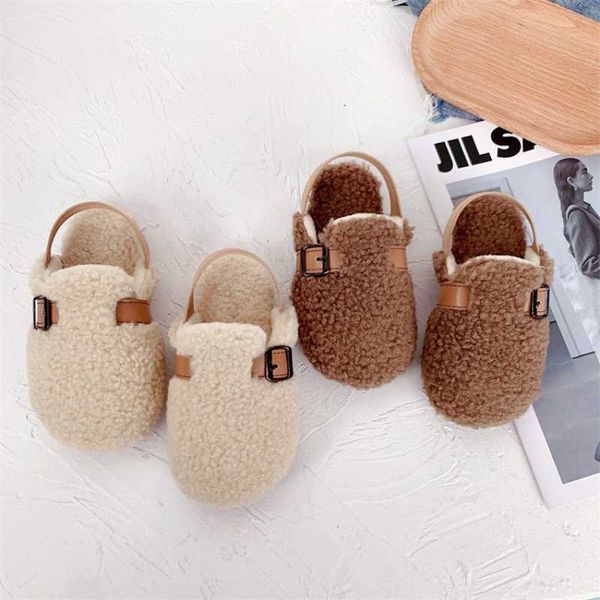 

athletic outdoor children woolly shoes 2022 autumn and winter new boys and girls lamb wool half slippers solid color fashion baby cotton sho, Black