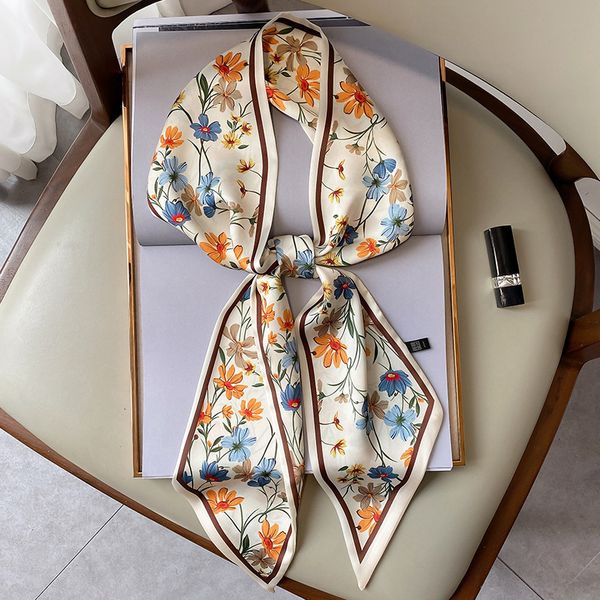 

scarves fashion floral print silk scarf women thin neck long scarves narrow office lady shawl bandanas female skinny hairbands 230328, Blue;gray