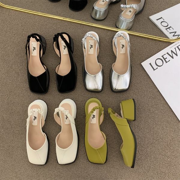 

sandals high heels womens french square head thick heel spring and autumn single shoes mary jane sandals baotou half drag 230329, Black