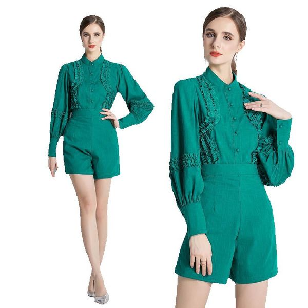 

summer designer green short pant set women two piece sets 2023 solid color blouse and short trousers office lady 2 piece set lantern sleeve, White