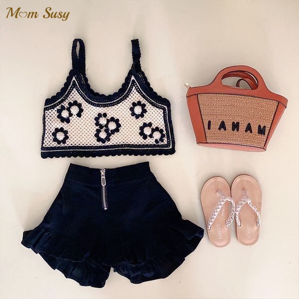 

clothing sets fashion baby girl knitted clothing suit with floral vestshorts 2pcs baby summer crop 112y 230329, White
