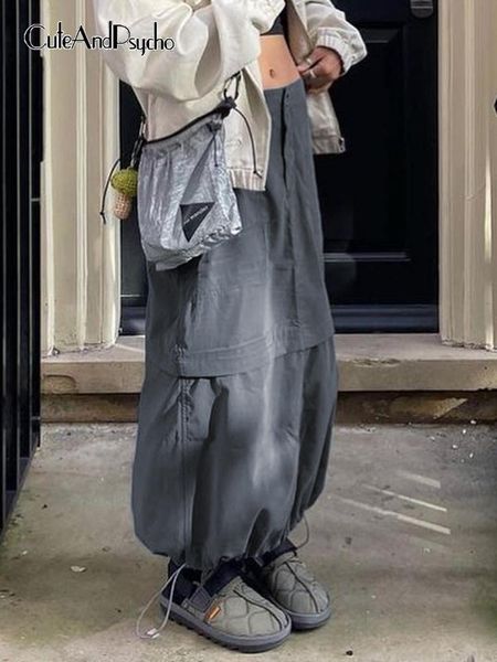 

dresses cuteandpsycho vintage fairycore grunge cargo skirts drawstring techwear maxi straight skirts patchwork chic y2k gray clothing, White;black
