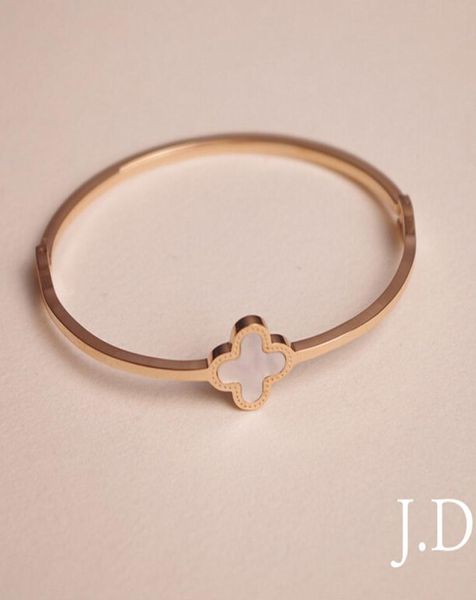 

fashion white shell clover flower women bracelet 316l stainless steel brand lucky fourleaf cuff bangle for valentine day gift1439245, Black