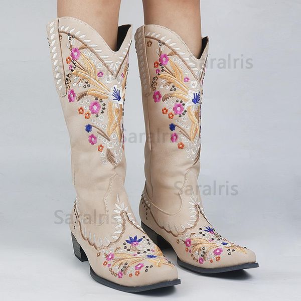 

boots sarairis fashion mixed color knee-high great quality women shoes plus size 43 embroider western boots comfy walking corral boots 23032, Black