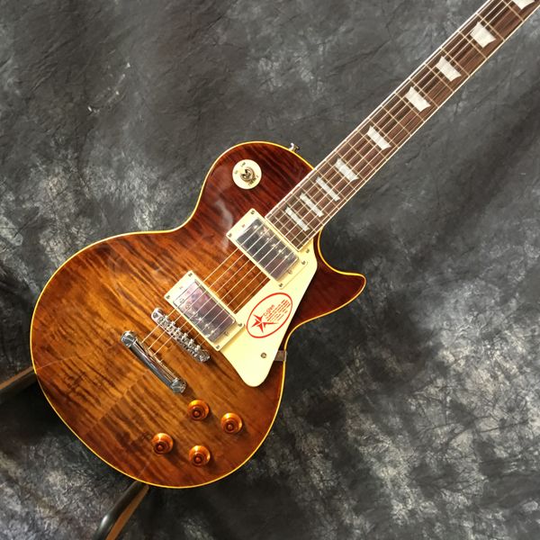 

100% real image color tobacco blast pattern of electric guitar chrome hardware, flamed maple guita