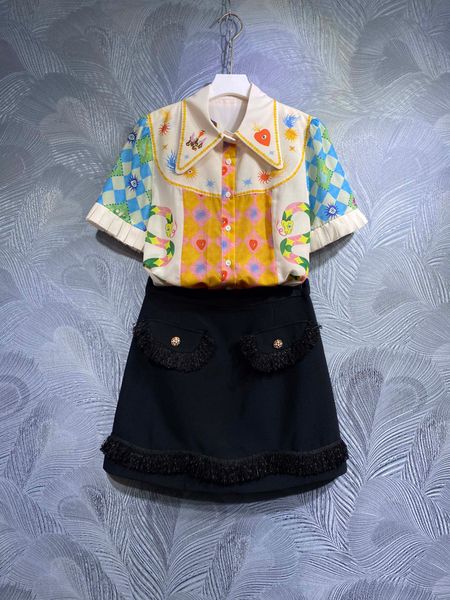 

shirt dress printed short sleeve panel loose polo single breasted fashion two piece set, White