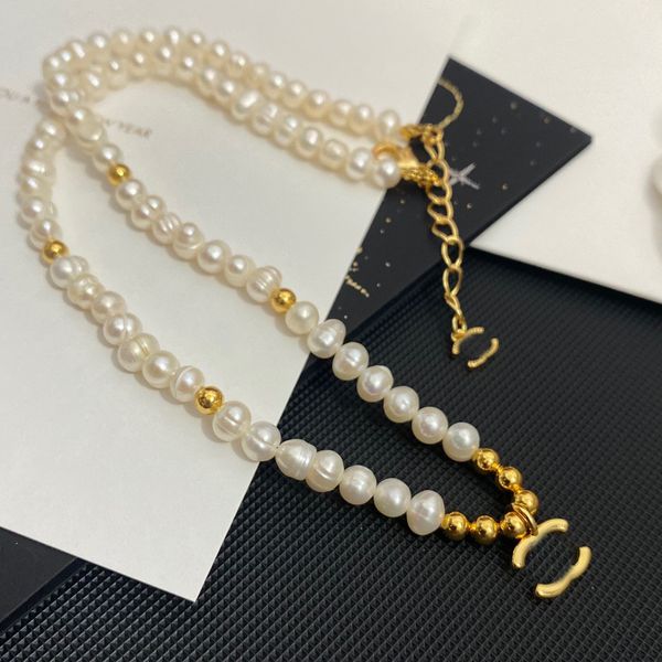 

designer brand letter pendant necklace chain women never fading real gold plated brass copper natural pearl necklaces choker pendants weddin, Silver