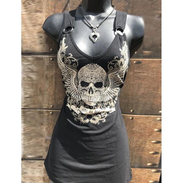 

tanks skull for women summer new streetwear round neck large size gothic black spaghetti strap tank top, Black;white
